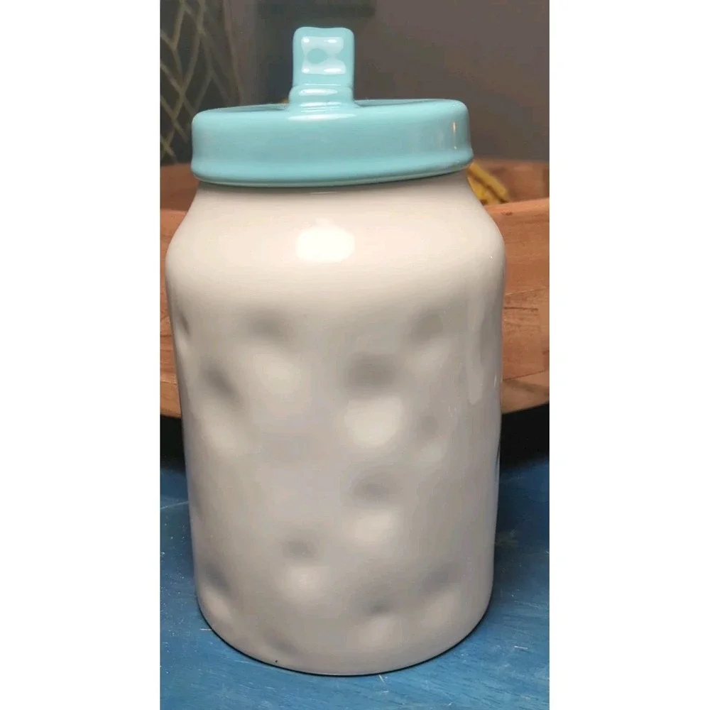 Rae Dunn Sugar Canister Jar w Blue Lid Typewriter Font Artisan‎ Collection 8in